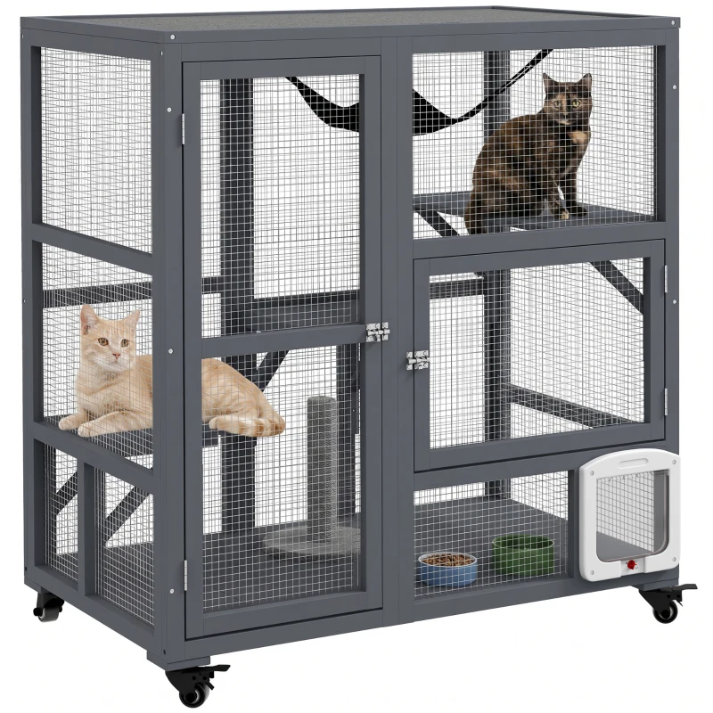PawHut Cat Condo Wooden Indoor Cat House on Wheels with Cat Flap Door Platforms Hammock Openable Top for 2 Cats, Light Grey