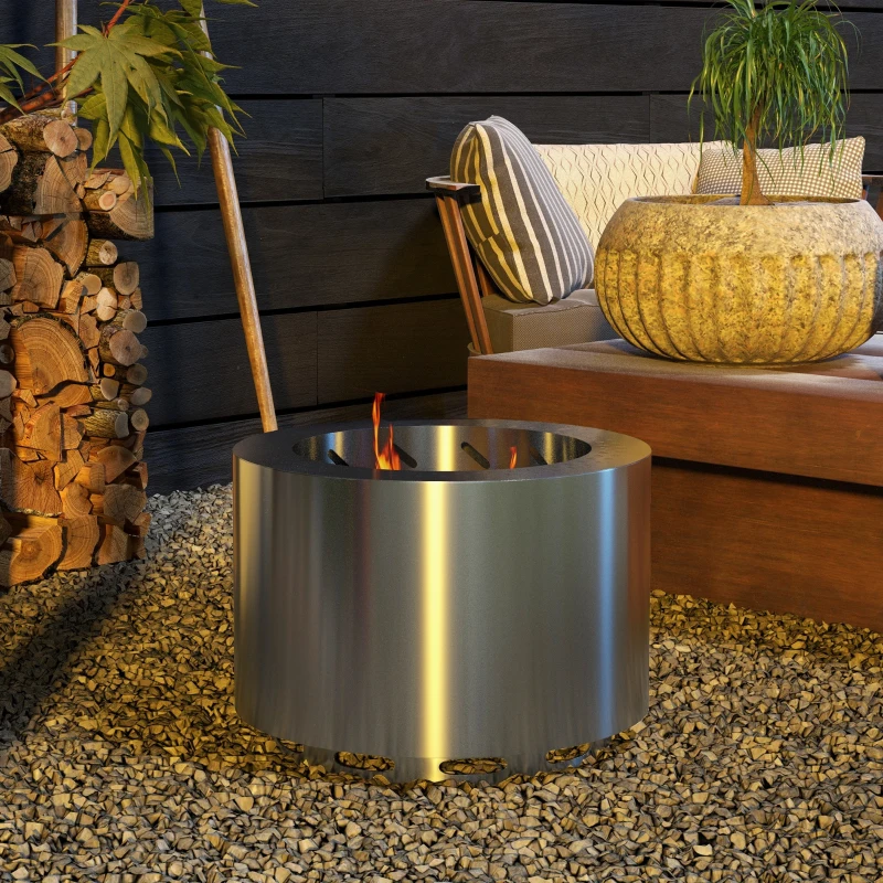 Outsunny Smokeless Fire Pit, Portable Camping Bonfire Stove with Poker for Backyard Patio Picnic, Stainless Steel, Silver