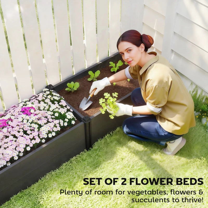 Outsunny Vinyl Raised Garden Bed Kit, Set of 2 Elevated Garden Boxes with Open Bottom, Screwless Outdoor Planter Box