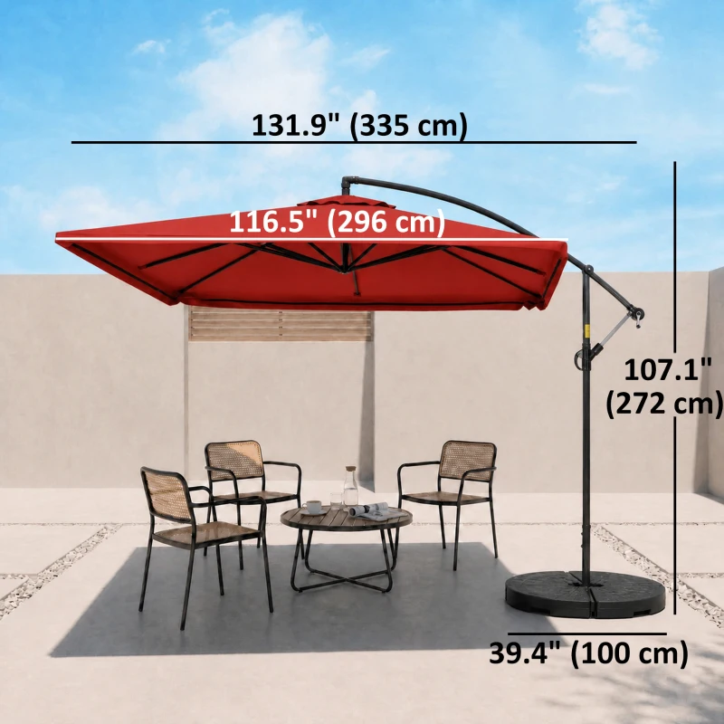 Outsunny Offset Patio Umbrella with Net and Umbrella Base, Adjustable Cantilever Canopy with Cross Base, Weight Plates and 8 Ribs for Backyard, Poolside, Garden, Wine Red