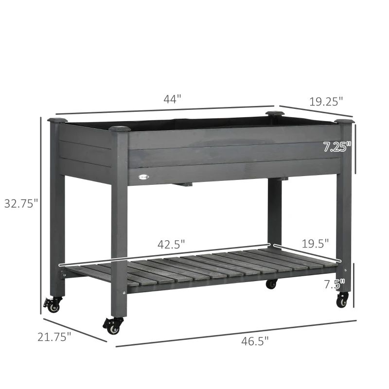 Outsunny 47" x 21" Raised Garden Bed Elevated Wooden Planter Box w/ Lockable Wheels, Storage Shelf for Backyard, Dark Gray