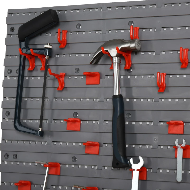 DURHAND 54 Piece Plastic Pegboard Panels, Peg Board with Accessories, Shelf Tool Organizer, Wall Mounted DIY Garage Storage with 50 Hooks, Red