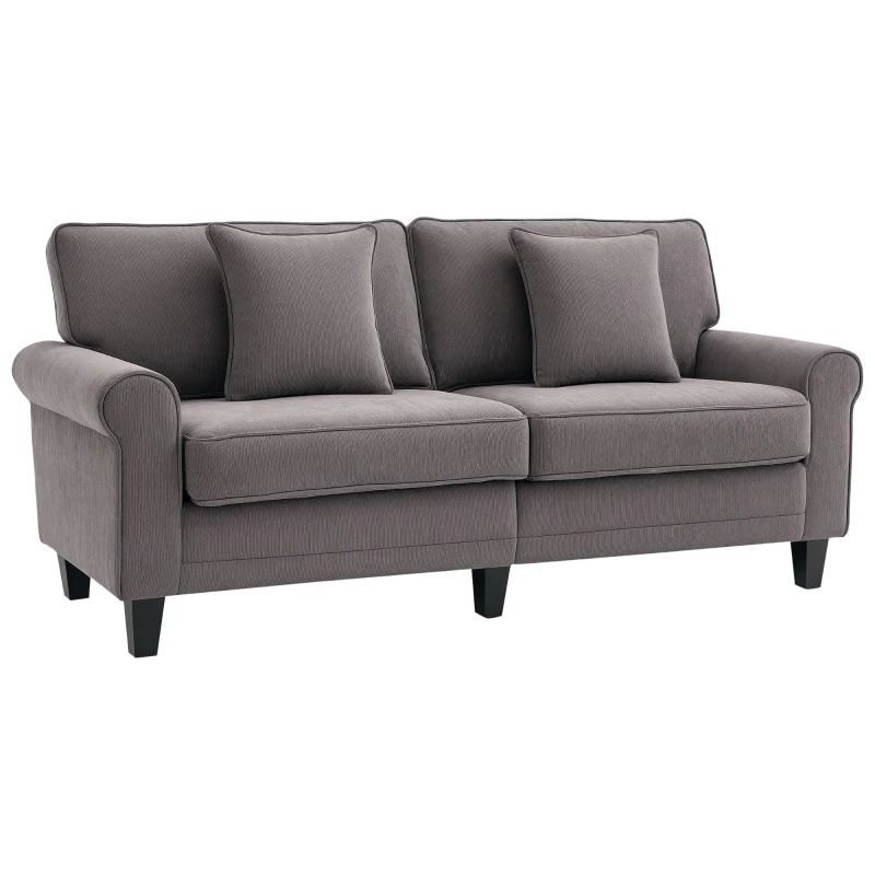 HOMCOM Modern 3 Seater Sofa, Corduroy Fabric 3 Seater Couch with Pine Wood Legs and Rolled Armrests for Living Room, Light Grey