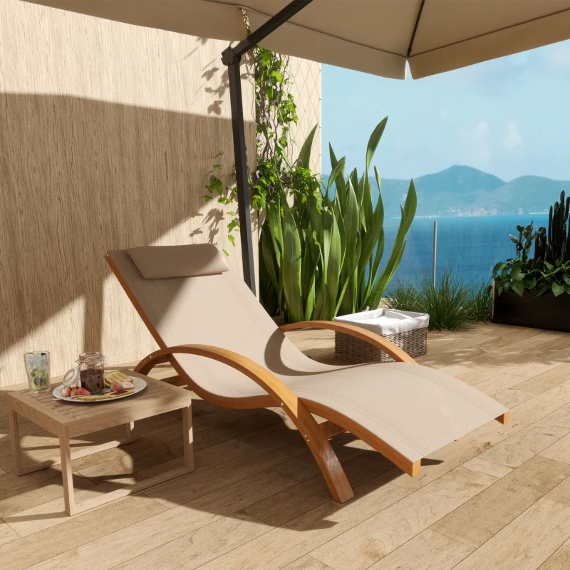Outsunny Outdoor Wood Chaise Lounge Chair Recliner Patio Camping with Headrest, Teak & Light Khaki