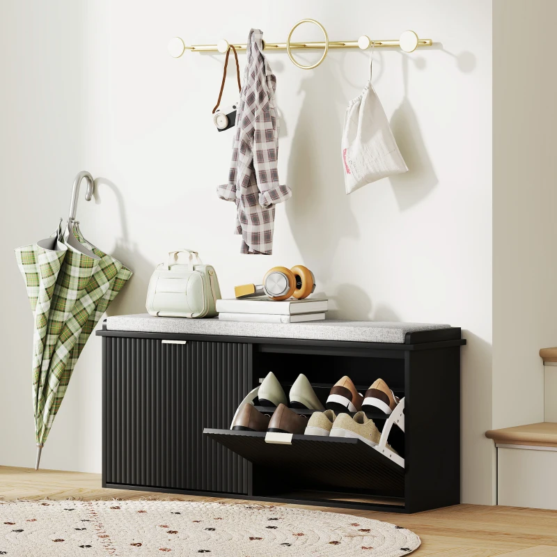 HOMCOM Shoe Storage Bench with Padded Seat Cushion and Flip-Drawer, Entryway Bench, Shoe Cabinet, 40.9x10.2x18.7 Inches, Black