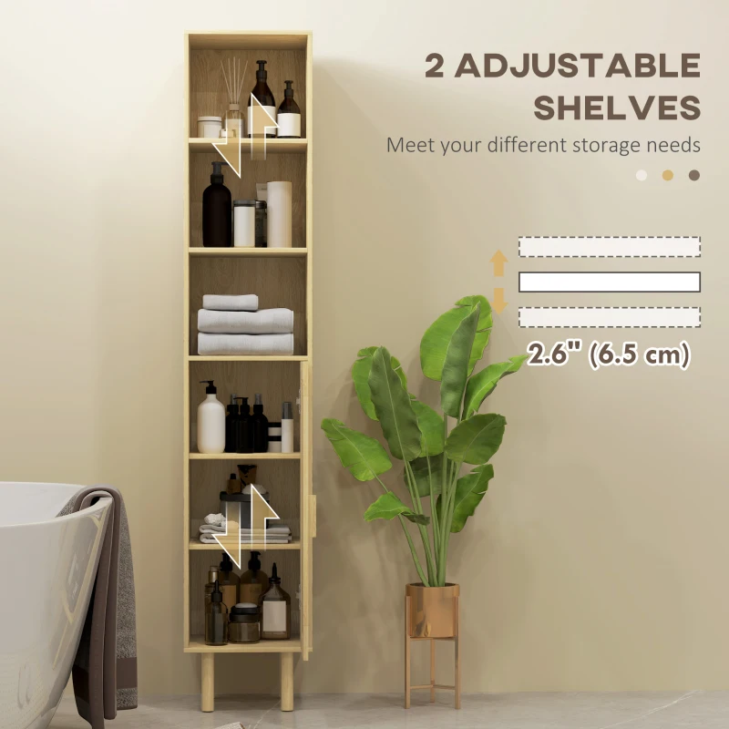HOMCOM Tall Bathroom Cabinet with Rattan Doors, Freestanding Bathroom Storage Cabinet with Adjustable Shelves, Distressed Oak