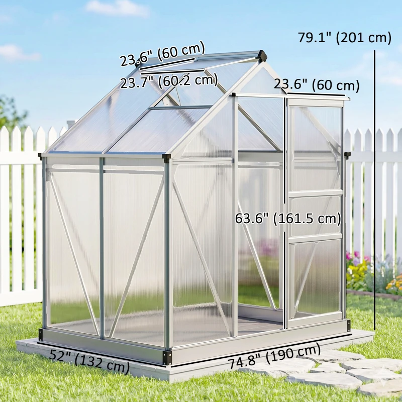 Outsunny 6' x 4' x 6.6' Polycarbonate Greenhouse, Walk-In Green House Kit Garden, Plants Grow, Galvanized Sheet Aluminum Frame