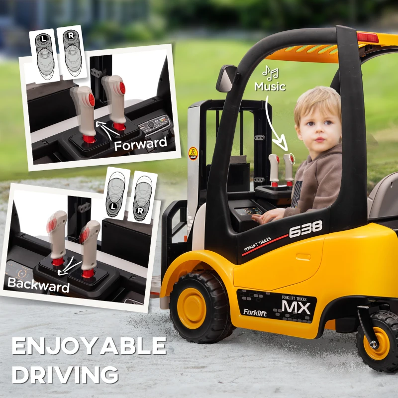 Qaba 12V Kids Ride on Forklift Car with Tent, 360° Rotation Electric Ride On Excavator w/ Liftable Fork and Pallet, Music