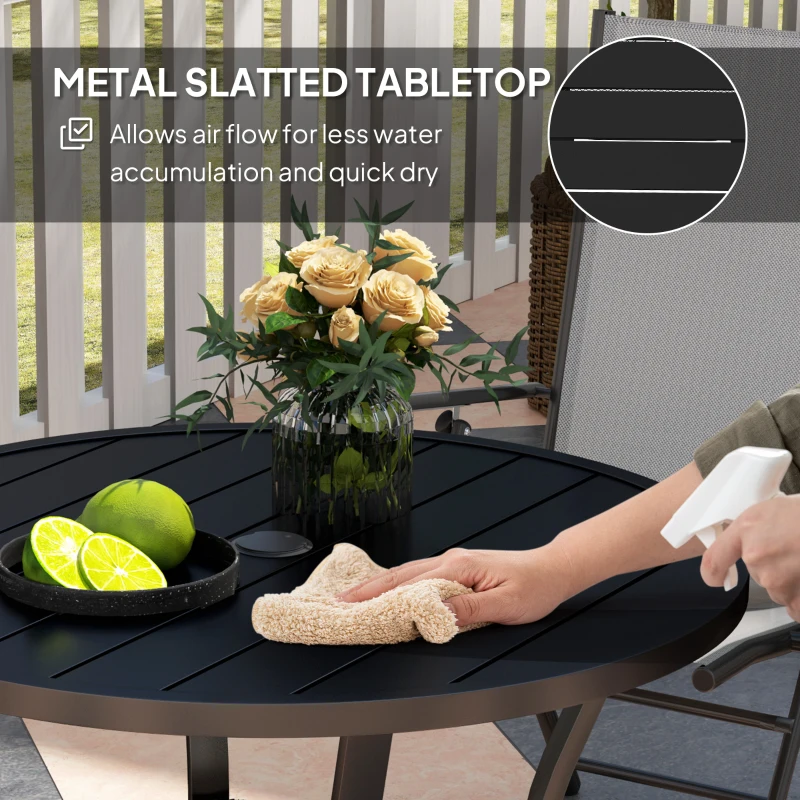 Outsunny 35.5" Round Outdoor Dining Table for 4, Metal Garden Patio Table with 1.6"-2" Umbrella Hole, Shelf, Slatted Top, Black