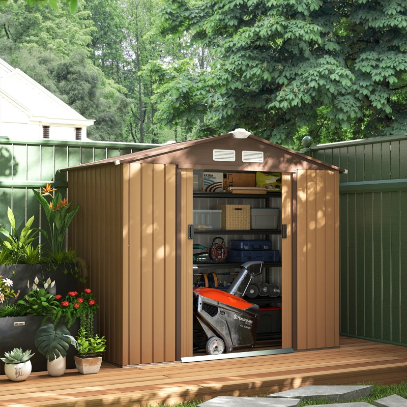 Outsunny 7' x 4' Outdoor Storage Shed, Garden Tool House w/ Foundation Kit Vents & Sliding Doors for Backyard Patio, Brown