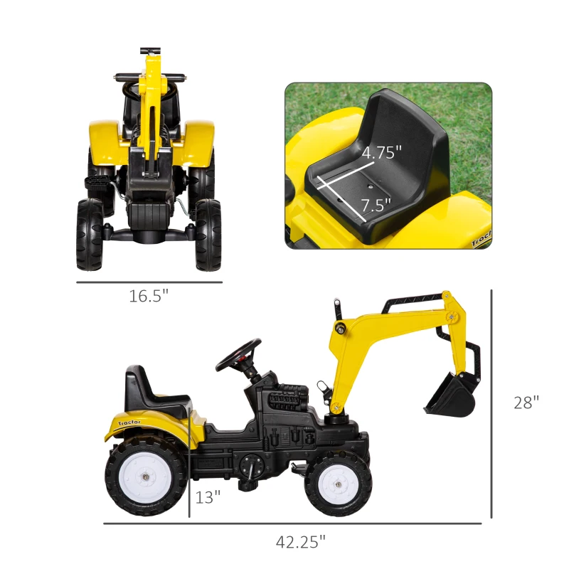 Aosom Kids Ride On Excavator, Pedal Digger, Construction Truck with Horn for Kids and Toddlers 3+, Yellow(m-4)