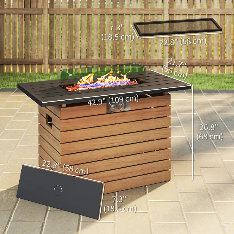 Outsunny 43" Propane Fire Pit Table 50,000 BTU Outdoor Gas Fire Table with Glass Wind Guard, Waterproof Cover