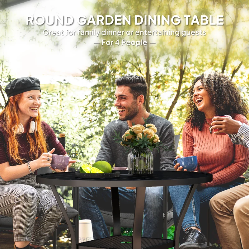 Outsunny 35.5" Round Outdoor Dining Table for 4, Metal Garden Patio Table with 1.6"-2" Umbrella Hole, Shelf, Slatted Top, Black