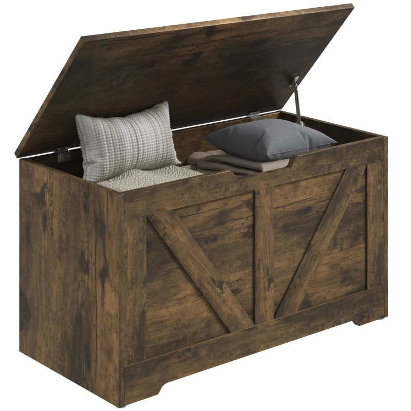 HOMCOM 31.5 Inches Storage Chest, Storage Trunk with 2 Safety Hinges for Living Room, Brown Wood Grain