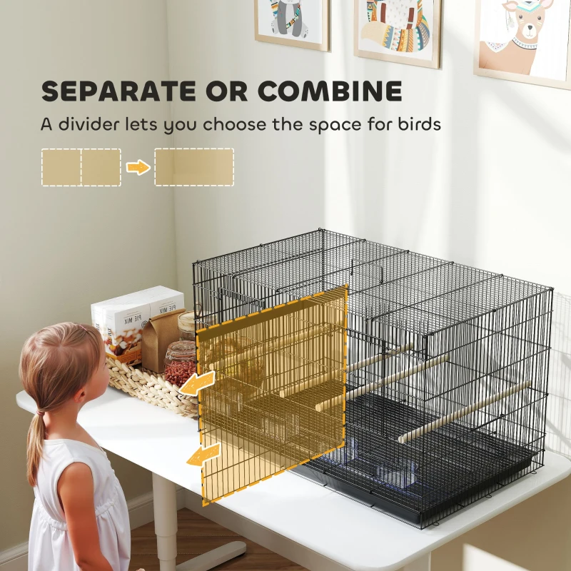 PawHut 18" H Bird Cage, Large Parakeet Cage for Budgie, Lovebird, Canary, Finches with Divider, Black