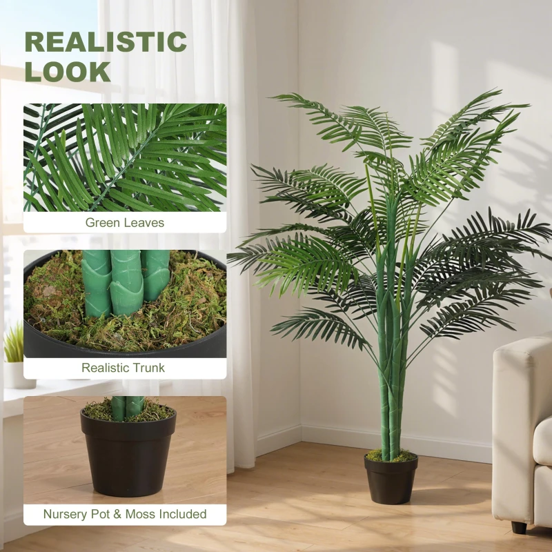Outsunny 5FT Artificial Palm Tree Set of 2, Fake Tropical Tree with Lifelike Leaves, Faux Plant in Pot for Indoor Decoration, Green