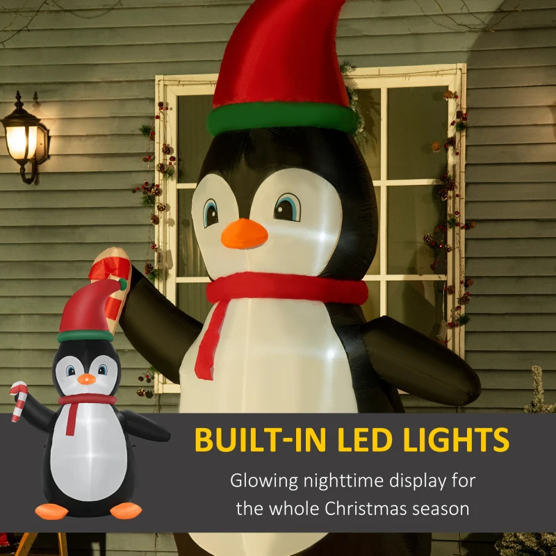 HOMCOM 8ft Christmas Inflatables Outdoor Decorations Penguin with Candy Cane, Blow-Up Yard Christmas Decor with LED Lights Display