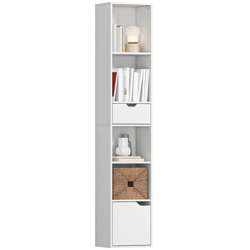 HOMCOM 6-Tier Bookcase, Tall Narrow Bookshelf with Drawer and Door, White