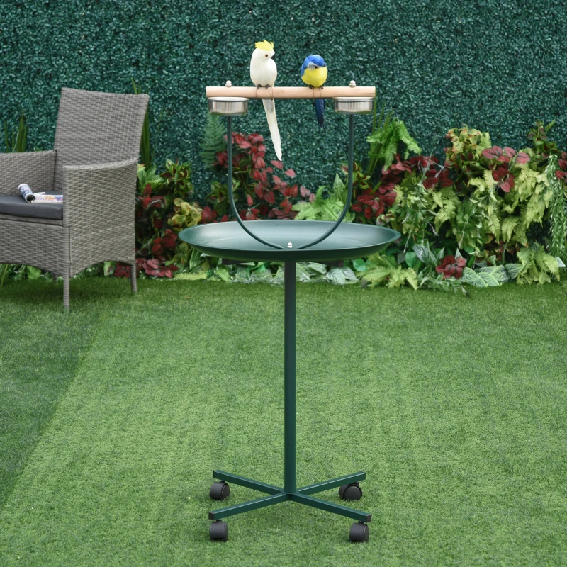 PawHut 48" Rolling T-Stand, Parrot Stand, Bird Training Activity Playground With Wheels and Perch,, Bird Play Perch, Green