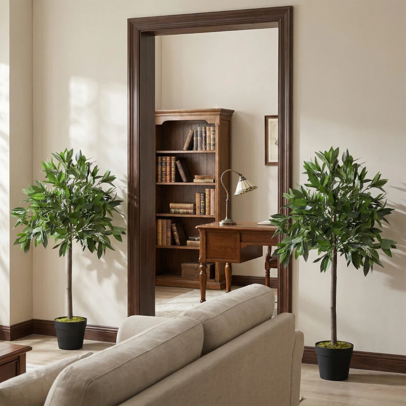 Outsunny 3FT Artificial Laurel Tree Set of 2, Lifelike Fake Plant with 564 Leaves, Potted Fake Plant for Home Office Decor, Green