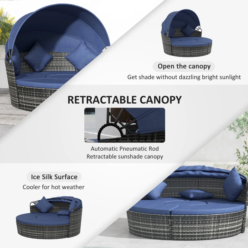 Outsunny 4-piece Cushioned Outdoor Rattan Wicker Sunbed or Conversational Sofa Set with Sun Canopy, Dark Blue