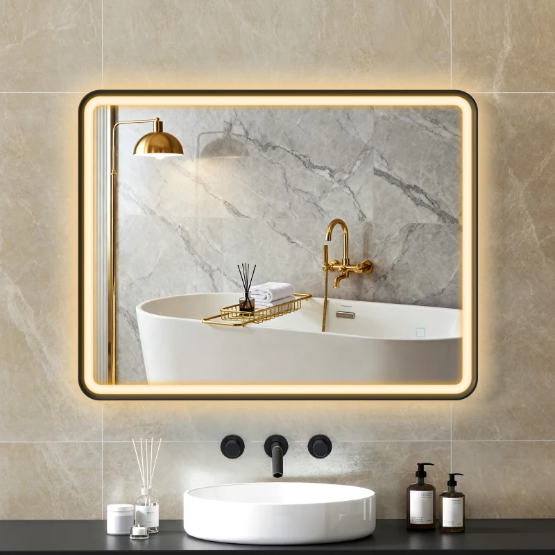 HOMCOM 36" x 28" Bath Mirror with LED Lights, Wall Mounted Restroom Mirror, 3 Colours, Dimmable, Horizontal/Vertical, Black