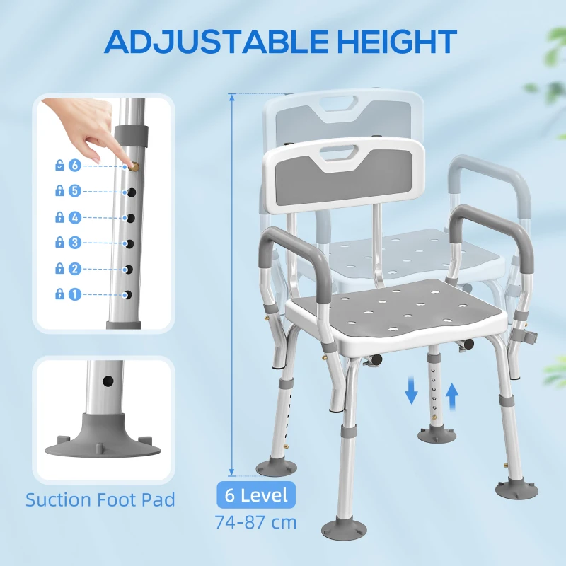 HOMCOM Adjustable Shower Chair with Arms Back and Padded Seat, Light Grey