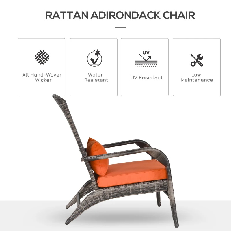 Outsunny Patio Wicker Adirondack Chair, Outdoor PE Rattan Fire Pit Chair, Muskoka Chair w/ Soft Cushions, Tall Curved Backrest and Comfortable Armrests for Deck Garden, Orange