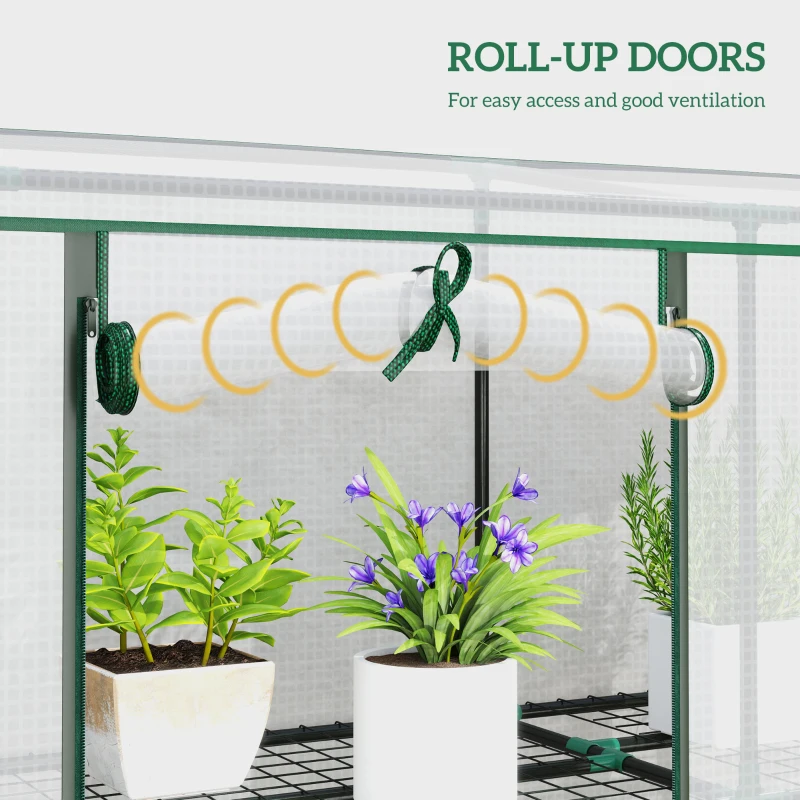 Outsunny 84.6" x 18.1" x 56.7" Lean-to Mini Greenhouse, 3-Tier Shelves, 3 Roll-Up Doors, PE Cover, White