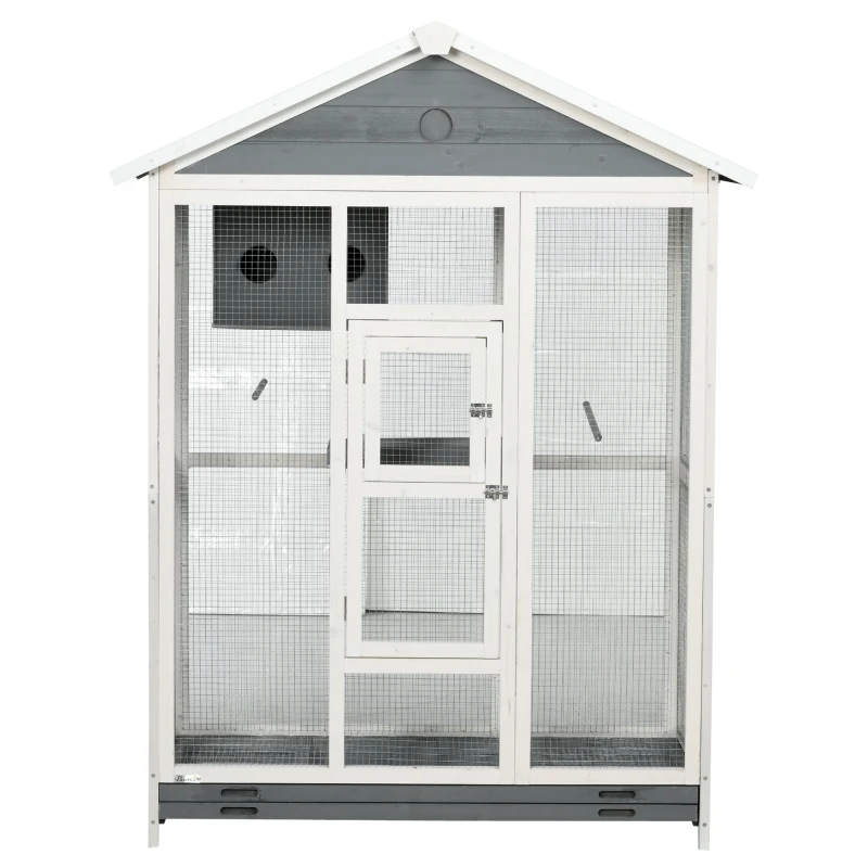 PawHut 64.5" Wooden Bird Cage Aviary, Flight Cage with 4 Perches, Nest and Slide-Out Tray for Indoor/Outdoor, Gray