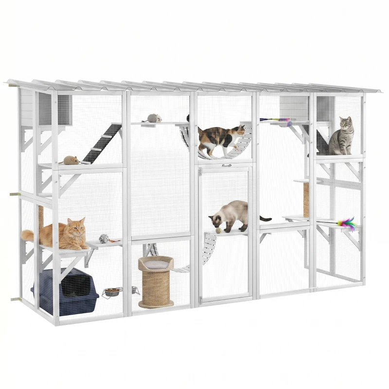 PawHut Large Outdoor Catio with Condos, Platforms, Doors, Ladders, Weather-Resistant Roof, White