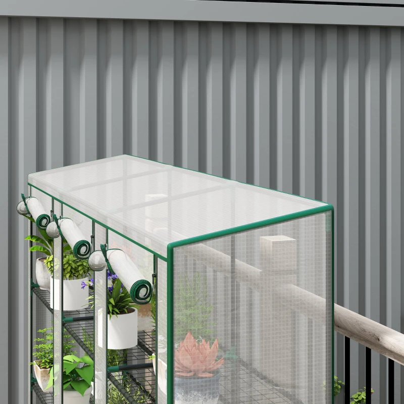Outsunny 84.6" x 18.1" x 56.7" Lean-to Mini Greenhouse, 3-Tier Shelves, 3 Roll-Up Doors, PE Cover, White