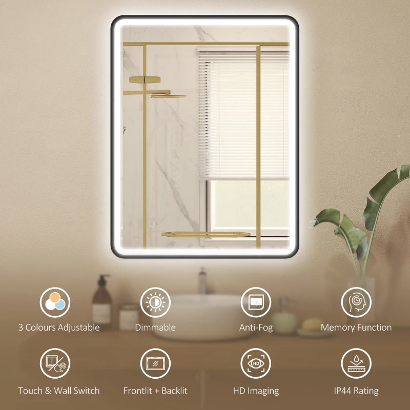 HOMCOM 36" x 28" Bath Mirror with LED Lights, Wall Mounted Restroom Mirror, 3 Colours, Dimmable, Horizontal/Vertical, Black