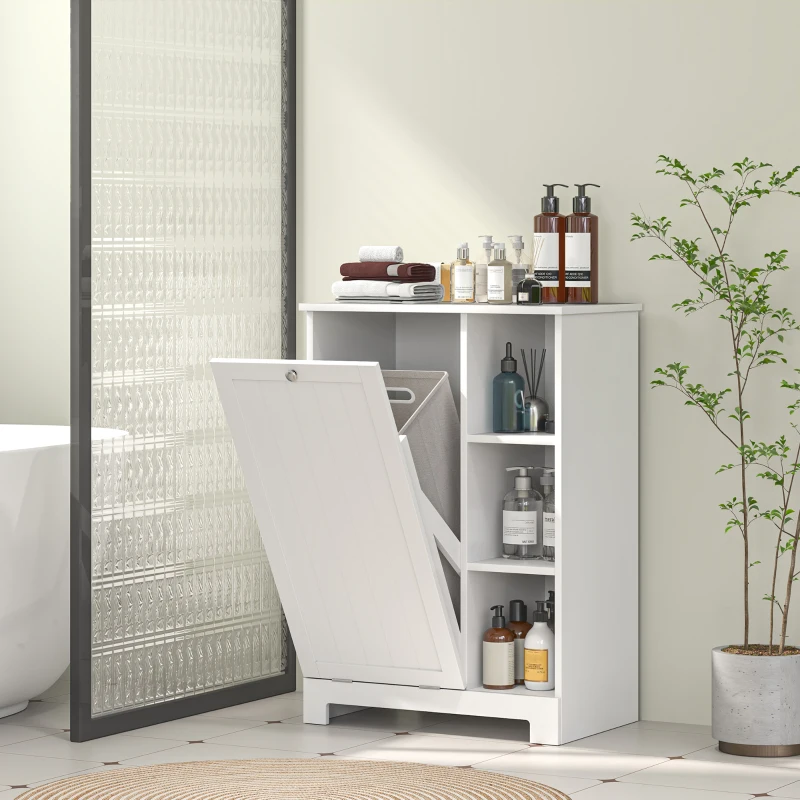 HOMCOM Laundry Cabinet with Removable Basket, Tilt Out Laundry Hamper with Adjustable Shelf and Open Compartments, White