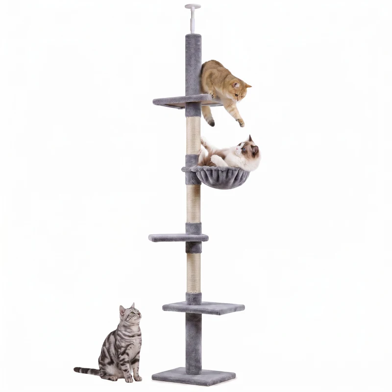 PawHut 8.5ft Cat Climbing Tree 5-Tier Cat Activity Center Floor-to-Ceiling Cat Climber Toy with Scratching Post Play Rest Post Pet Furniture Grey