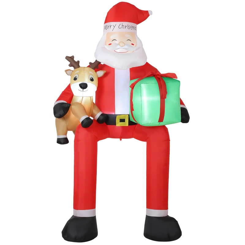 Outsunny 112" Giant Christmas Inflatable Hanging Santa Claus Sitting w/ Reindeer, Gift Box