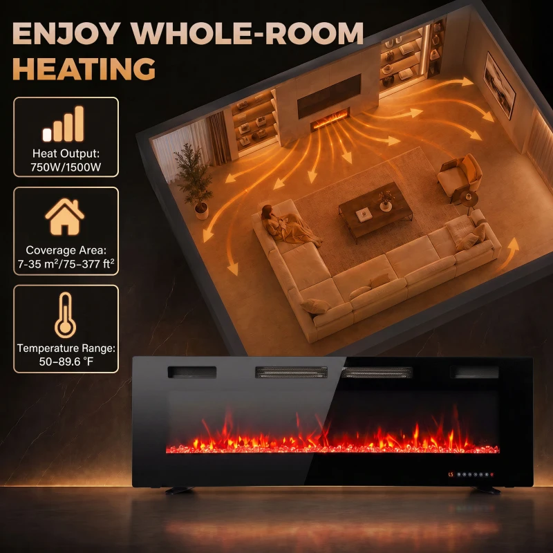 HOMCOM 60" Electric Fireplace, Ultra-Thin Recessed, Wall Mounted and Freestanding Fireplace w/ Flame Effect, 750W/1500W, Black