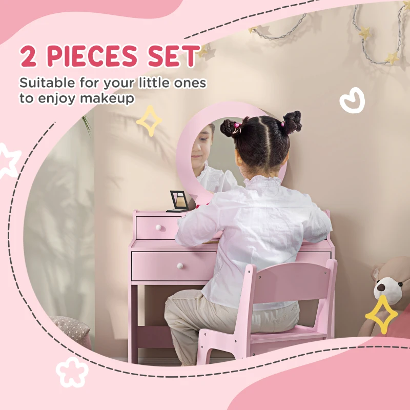 Qaba Kids Vanity Set, Children Makeup Table with Mirror, Stool and Storage Drawers, for Ages 3-8, Pink