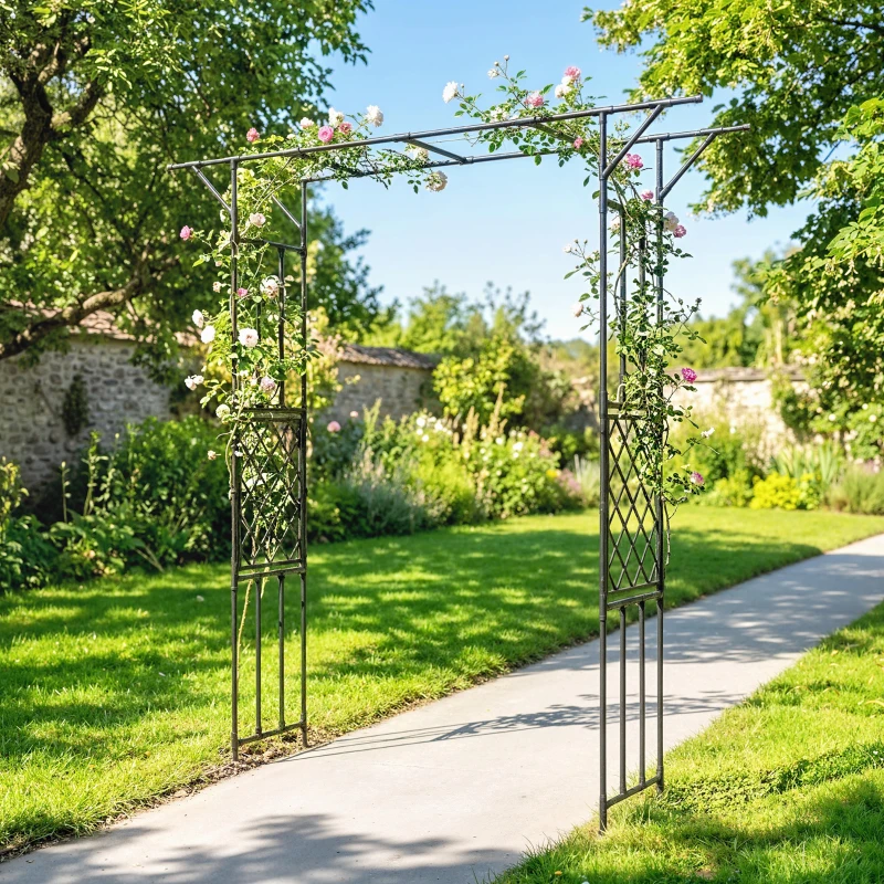 Outsunny Garden Arch, PE-Coated Steel Outdoor Trellis Arbor for Climbing Plants, Wedding Arch, 70.9" x 15.7" x 84.6", Black