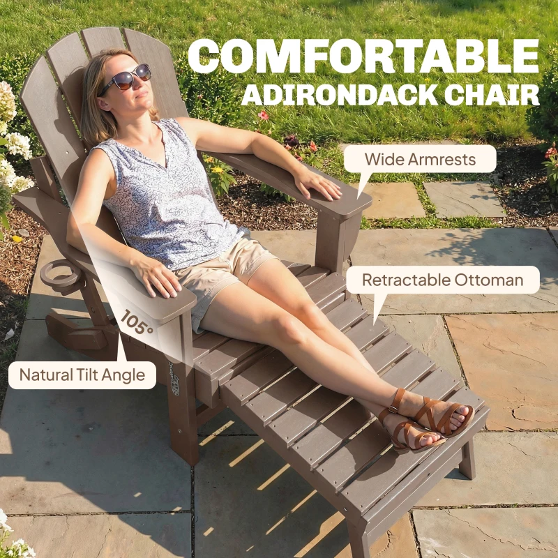 Outsunny Folding Adirondack Chair Set of 2, HDPE Fire Pit Chair with Retractable Ottoman and Cup Holder, Brown