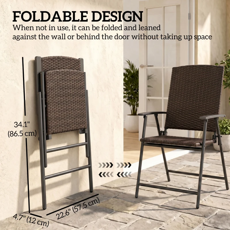 Outsunny Outdoor Wicker Dining Chair Set of 2, 2 Pieces Rattan Foldable Chair with Steel Frame for Garden, Backyard, Porch, Brown