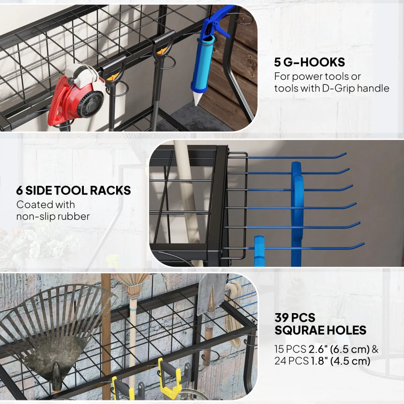 Outsunny 3-Tier Yard Tool Storage Rack, Garden Tool Organizer with Hooks for Long-Handled, Broom, Shovel, Blue