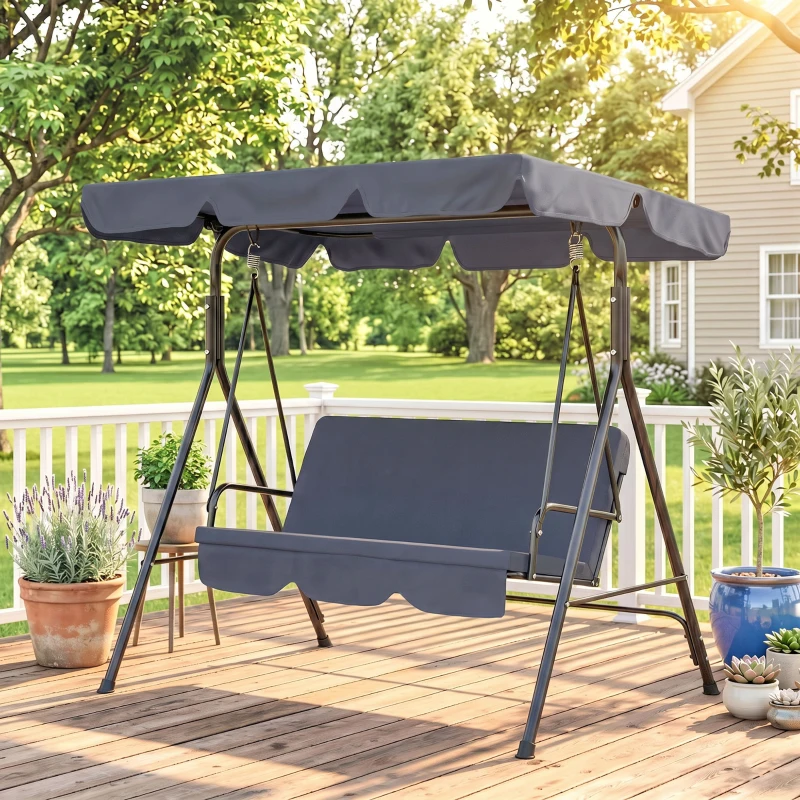 Outsunny 3-Seat Outdoor Patio Swing Chair with Removable Cushion, Steel Frame Stand and Adjustable Tilt Canopy for Patio, Garden, Poolside, Balcony, Backyard, Gray