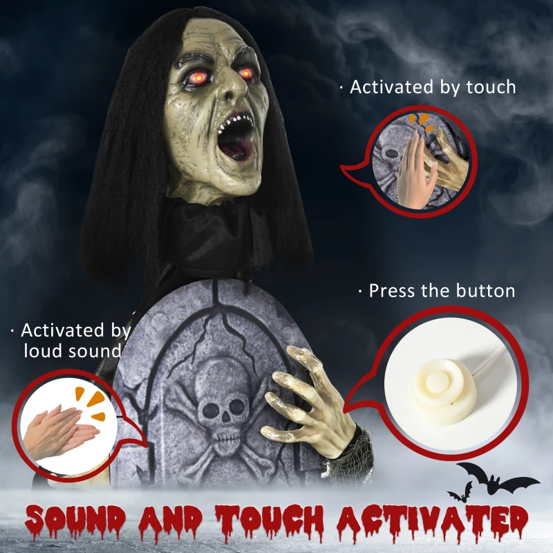 Outsunny 30" Life Size Outdoor Halloween Decorations Female Ghost with Tombstone, Animated Prop Animatronic Decor with Sound and Motion Activated Light Up Eyes, Spooky Sound