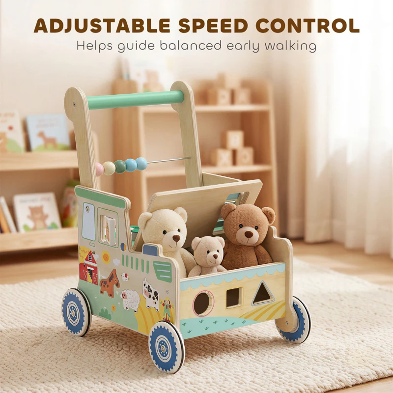Qaba Wooden Baby Walker for 1-3 Year, Montessori Inspired Push Along Walker Toys, Multifunctional Activity Centre