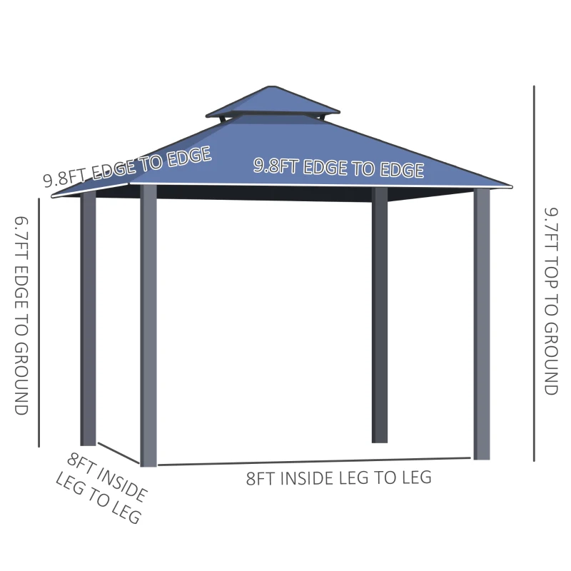 Outsunny 10'x10' Hardtop Patio Gazebo Aluminum Gazebo Deck Canopy with Double Tier Roof, Curtains, Netting Sidewalls, Black & Grey