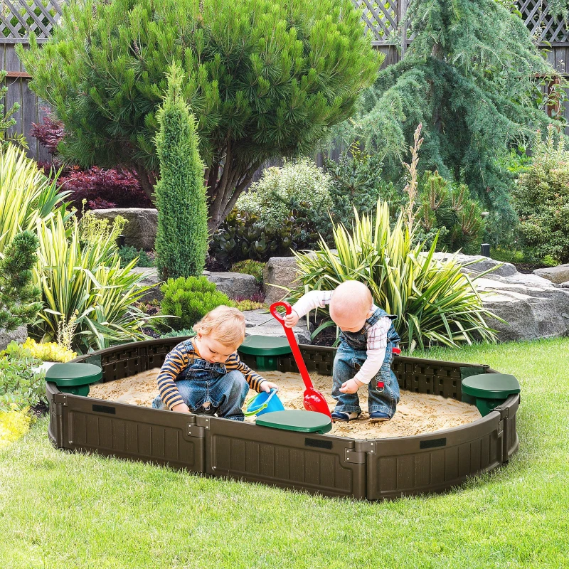 Outsunny Kids Outdoor Sandbox with Cover Garden Bed Sand Pit, Easy Assembly Children's Oval Sandbox for Backyard, Brown, 72" x 41.25" x 8.75"