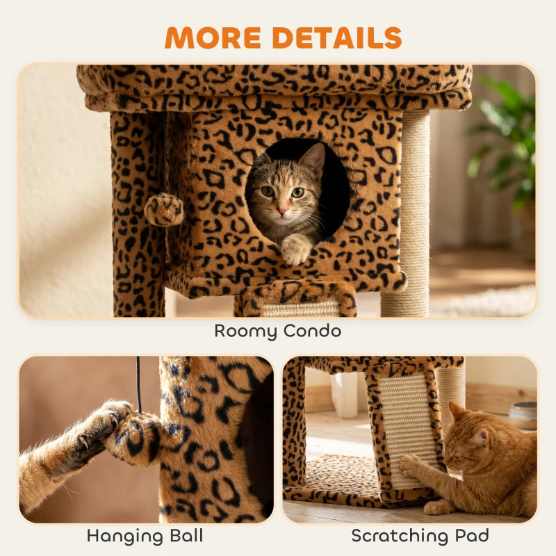 PawHut Cat Tree, Small Cat Tower with Perch, Scratching Post, Cat Condo, Toy Ball for Kitty, Leopard Print