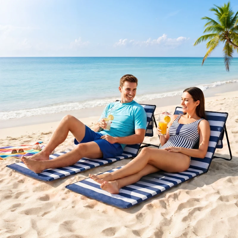Outsunny Set of 2 Foldable Lounge Chairs with Carry Strap, Adjustable Backrest, Blue and White