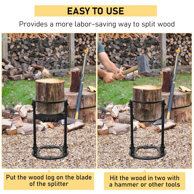 Outsunny Firewood Kindling Splitter Stand with Hand Guard, Wood Splitter, Carbon Steel Manual Wood Cracker, Log Wedge Cutter, Single Blade, Black, 8.75" Dia x 12.25" H
